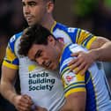 Brodie Croft celebrates with Jack Sinfield after scoring Leeds Rhinos' opening try in the win against London Broncos. Picture by Bruce Rollinson.