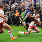 Maika Sivo scores he first of his four tries for Leeds Rhinos in their 58-6 thrashing of Hull KR at Allegiant Stadium. Picture by Alex Whitehead/SWpix.com.