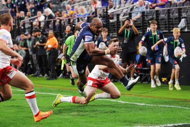 Maika Sivo scores he first of his four tries for Leeds Rhinos in their 58-6 thrashing of Hull KR at Allegiant Stadium. Picture by Alex Whitehead/SWpix.com.