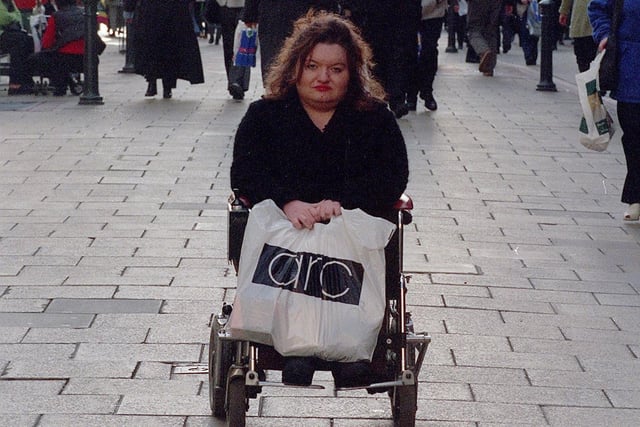 Disabled rights activist Adele Farquhar was out campaigning in the city centre in November 1999 as many shops do not provide access for the disabled.