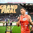 Sir Kevin Sinfield speaks to the 70,000 crowd at Old Trafford after delivering the trophy before the Super League Grand Final. Picture by Olly Hassell/SWpix.com.