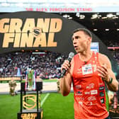 Sir Kevin Sinfield speaks to the 70,000 crowd at Old Trafford after delivering the trophy before the Super League Grand Final. Picture by Olly Hassell/SWpix.com.