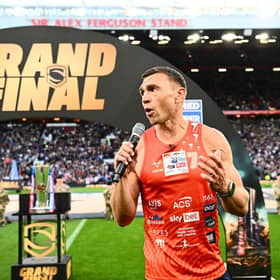 Sir Kevin Sinfield speaks to the 70,000 crowd at Old Trafford after delivering the trophy before the Super League Grand Final. Picture by Olly Hassell/SWpix.com.
