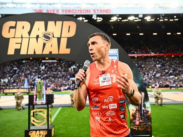 Sir Kevin Sinfield speaks to the 70,000 crowd at Old Trafford after delivering the trophy before the Super League Grand Final. Picture by Olly Hassell/SWpix.com.