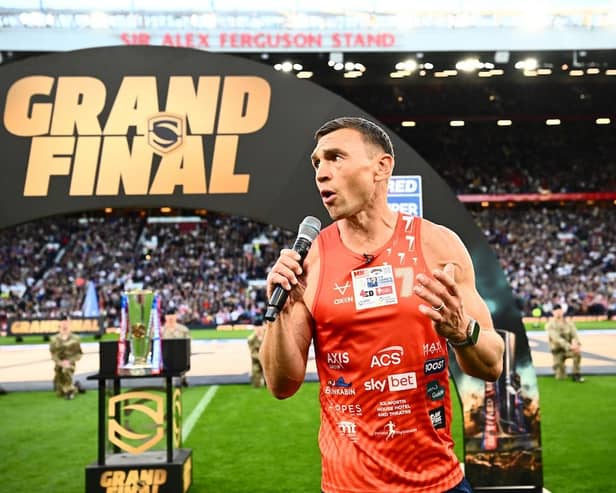 Sir Kevin Sinfield speaks to the 70,000 crowd at Old Trafford after delivering the trophy before the Super League Grand Final. Picture by Olly Hassell/SWpix.com.