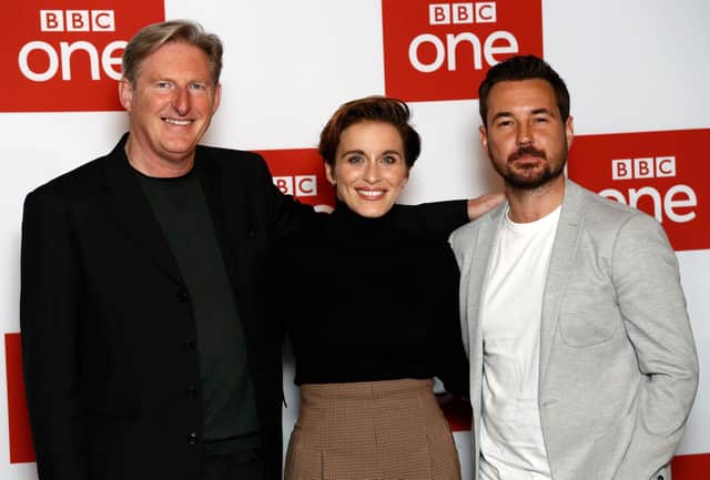 Adrian Dunbar (Ted Hastings), Vicky McClure (Kate Fleming), and Martin Compston (Steve Arnott) will be joined by Kelly Macdonald as detective chief inspector Joanne Davidson in Line of Duty season 6. (Pic: Getty)