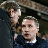 NORWICH, ENGLAND - FEBRUARY 28: Daniel Farke, Manager of Norwich City shakes hands with Brendan Rodgers, Manager of Leicester City prior to the Premier League match between Norwich City and Leicester City at Carrow Road on February 28, 2020 in Norwich, United Kingdom. (Photo by Stephen Pond/Getty Images)