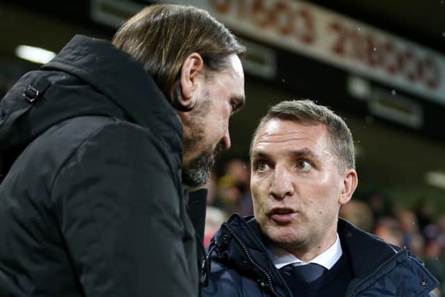 NORWICH, ENGLAND - FEBRUARY 28: Daniel Farke, Manager of Norwich City shakes hands with Brendan Rodgers, Manager of Leicester City prior to the Premier League match between Norwich City and Leicester City at Carrow Road on February 28, 2020 in Norwich, United Kingdom. (Photo by Stephen Pond/Getty Images)