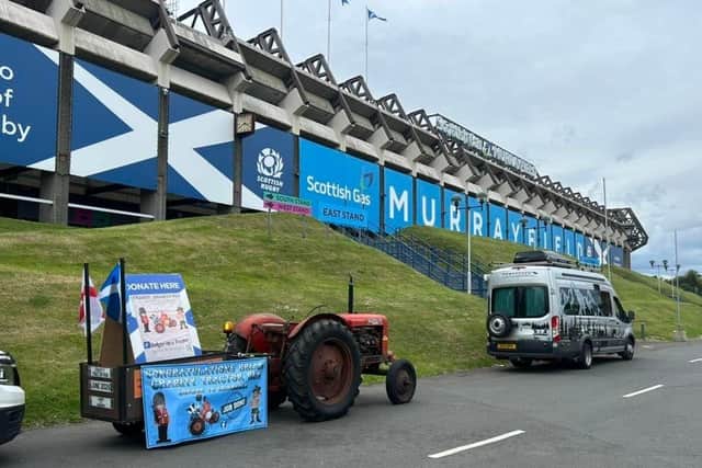 Brian's tractor parked at the Murrayfield Stadium in Scotland.