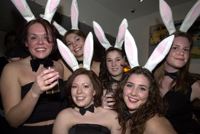 Revellers Sarah Thorpe, Emma Kingham,  Emma Massey, Claire Russell-Jones, Joanne McNorris and Claire Sutcliffe dress as bunny girls to see in the New Year in December 2001.