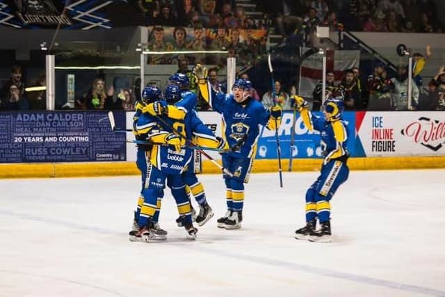 GOAL-DEN TOUCH: Leeds Knights celebrate during Saturday's NIHL National play-off semi-final against Swindon Wildcats. Picture: Jacob Lowe/Knights Media.