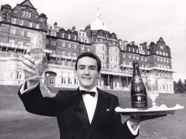 This is waiter Mark Kirby who had shown a winning way with both the public and professionals in February 1987. He was a hit with customers at the Majestic Hotel where he had been promoted to junior head waiter before judges made him a finalist in the Young Waiter of the Year competition. He was born in Harrogate and attended the local Ashville College. He then trained at Scarborough Technical College, joined the Majestic Hotel in 1983, and then left two years later to travel around Europe. He returned five months later.