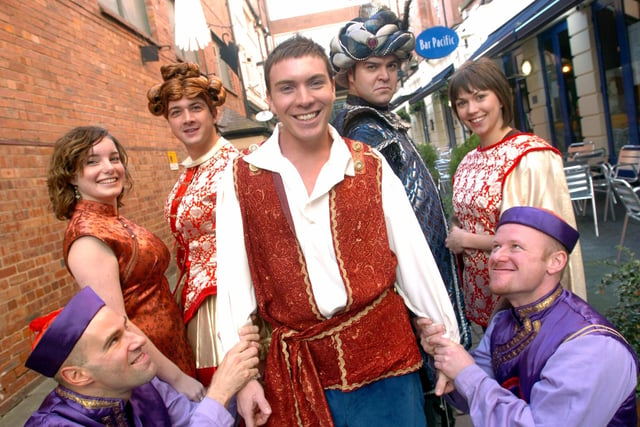 New production of Aladdin at City Varieties in Leeds city centre. Pictured foreground from left, Christian Manderfield, Paul Shipp, Philip Jervis, back from left, Rebecca Trehearn, Matthew Daines, Jon Adamson and Carly Criggs on November 22, 2004.