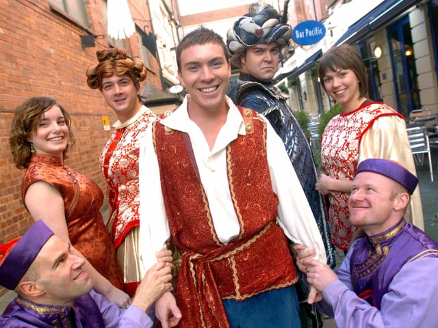 New production of Aladdin at City Varieties in Leeds city centre. Pictured foreground from left, Christian Manderfield, Paul Shipp, Philip Jervis, back from left, Rebecca Trehearn, Matthew Daines, Jon Adamson and Carly Criggs on November 22, 2004.