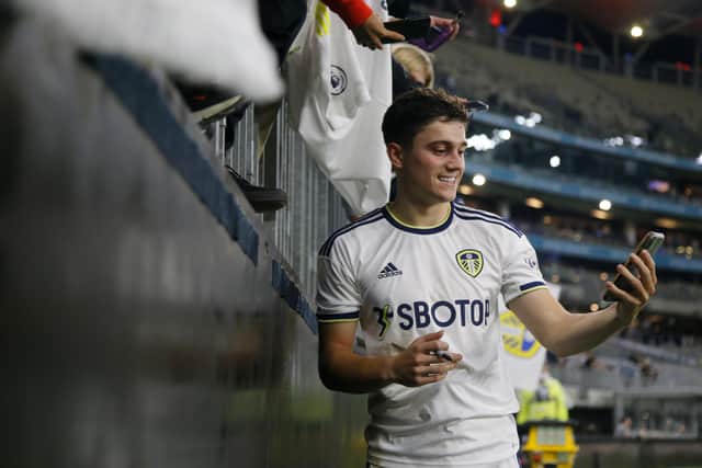 PERTH, AUSTRALIA - JULY 22: Daniel James of Leeds United takes  selfies for the fans after the Pre-Season friendly match between Leeds United and Crystal Palace at Optus Stadium on July 22, 2022 in Perth, Australia. (Photo by James Worsfold/Getty Images)