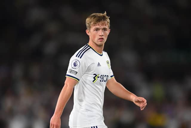 LEEDS, ENGLAND - AUGUST 30: Joe Gelhardt of Leeds in action during the Premier League match between Leeds United and Everton FC at Elland Road on August 30, 2022 in Leeds, England. (Photo by Michael Regan/Getty Images)