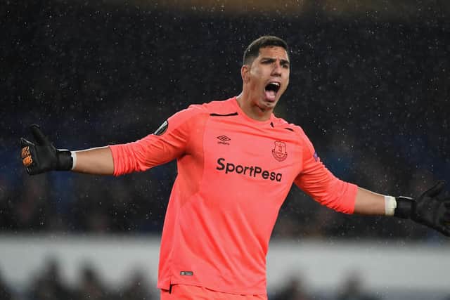 LIVERPOOL, ENGLAND - NOVEMBER 23: Joel Robles of Everton reacts during the UEFA Europa League group E match between Everton FC and Atalanta at Goodison Park on November 23, 2017 in Liverpool, United Kingdom.  (Photo by Gareth Copley/Getty Images)