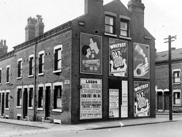 A view looking south-east on Bayswater Avenue from Gledhow Road in September 1953. Advertisements are prominent on the gable end. 