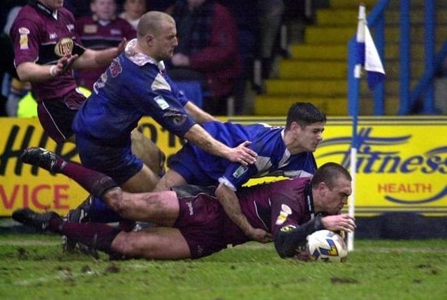 Kevin Sinfield is seen scoring a try nin Leeds Rhinos' record 106-10 win agianst Swinton Lions at Gigg Lane, Bury, in a 2001 Challenge Cup tie.