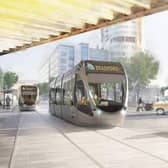 An artist's impression of light rail trams trains network public transport system for the West Yorkshire mass transit scheme.