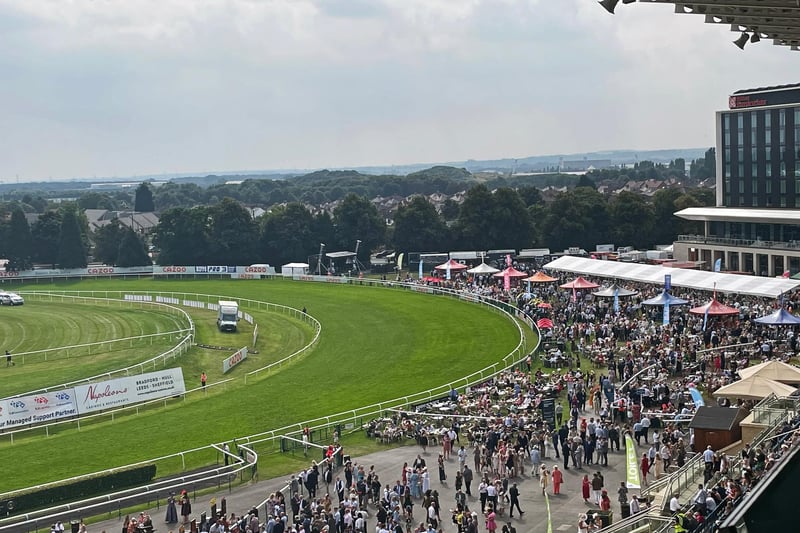 St Leger Festival, Ladies Day 2021. A birds eye viewof the crowds on Ladies Day