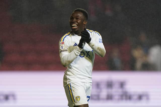 THANK YOU: Willy Gnonto applauds Leeds United's fans at Ashton Gate after his strike sealed a 1-0 win against Bristol City. Photo by Bradley Collyer/PA Wire.