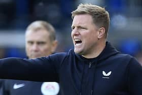 Newcastle United's English head coach Eddie Howe reacts during the English Premier League football match between Leeds United and Newcastle United at Elland Road in Leeds, northern England, on May 13, 2023. (Photo by Lindsey Parnaby / AFP) / RESTRICTED TO EDITORIAL USE. No use with unauthorized audio, video, data, fixture lists, club/league logos or 'live' services. Online in-match use limited to 120 images. An additional 40 images may be used in extra time. No video emulation. Social media in-match use limited to 120 images. An additional 40 images may be used in extra time. No use in betting publications, games or single club/league/player publications. /  (Photo by LINDSEY PARNABY/AFP via Getty Images)