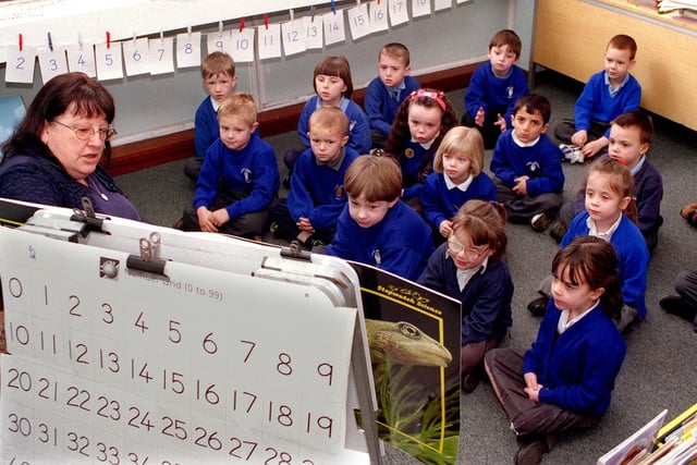 Sue Lawson takes Year 1 in the Literacy hour at Tinshill Primary School in March 1999.