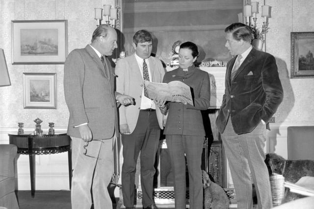 Lord and Lady Harewood at home with Neville Usher, estate agent and David Wrench house opening manager in May 1971.