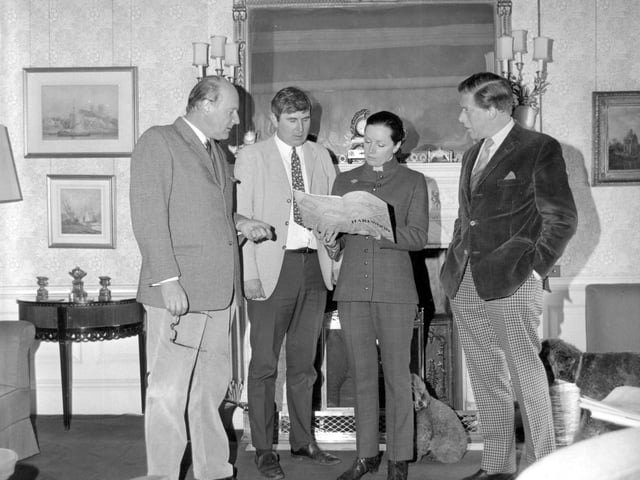 Lord and Lady Harewood at home with Neville Usher, estate agent and David Wrench house opening manager in May 1971.