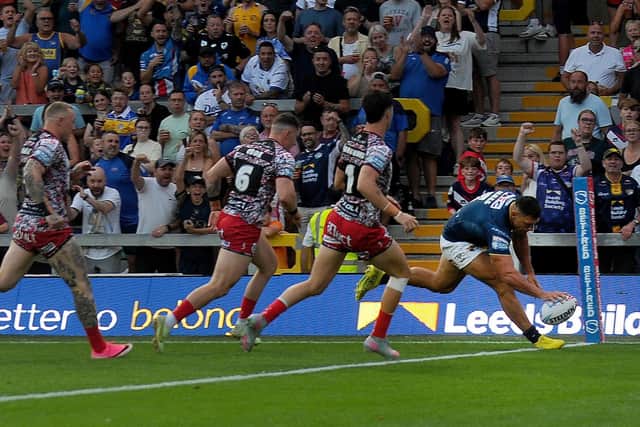 Ryan Hall scores for Leeds Rhinos agianst Leigh Leopards. he later had a last-gasp touchdown ruled out. Picture by Steve Riding