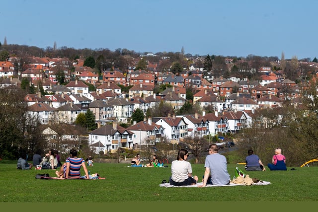 The park blends a mix of hilly scenery and physical activity stations for all ages.
Here, residents of Leeds were making the most of the sunshine on the second day of the easing of the national lockdown in March 2021.