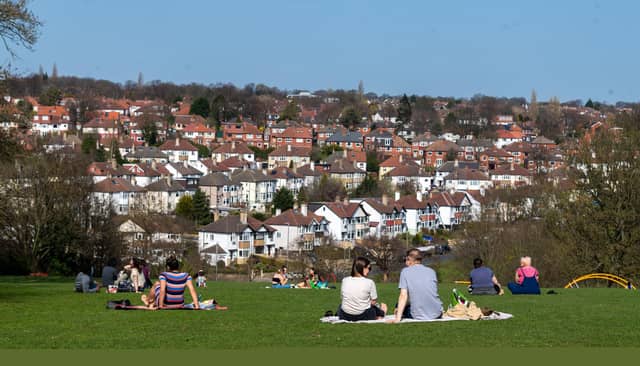 The park blends a mix of hilly scenery and physical activity stations for all ages.
Here, residents of Leeds were making the most of the sunshine on the second day of the easing of the national lockdown in March 2021.