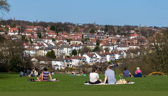 The park blends a mix of hilly scenery and physical activity stations for all ages.
Here, residents of Leeds were making the most of the sunshine on the second day of the easing of the national lockdown in March 2021.