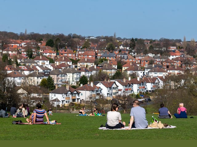 The park blends a mix of hilly scenery and physical activity stations for all ages.
Here, residents of Leeds were making the most of the sunshine on the second day of the easing of the national lockdown in March 2021.