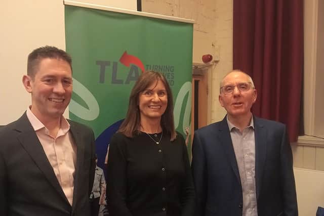 Steve Hoey, CEO of Turning Lives Around, (left) with incoming Chair Liz O’Connor and outgoing Chairman Martin Ford (right).