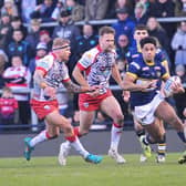 Derrell Olpherts in pre-season action for Rhinos at Leigh. Picture by Steve Riding.