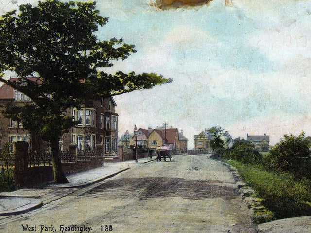 A colour-tinted postcard with a postdate of July 21, 1907 showing Spen Road from the junction with Otley Road. The building on the left by the junction with Darnley Road, is semi-detached and comprises of no. 3 Spen Road (right) and no. 2 Darnley Road (left). The latter was once the residence of 'Lord of the Rings' author J.R.R. Tolkien, while he was a professor of English Language at Leeds University during the 1920s.