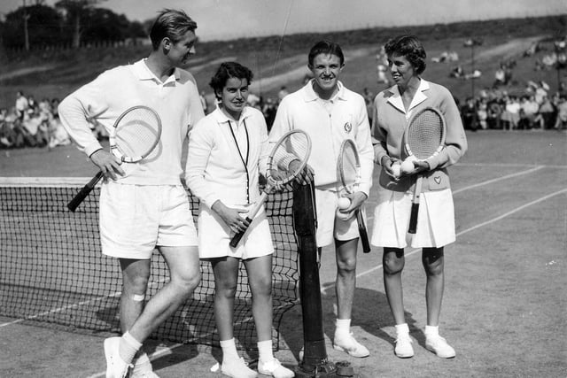 The players who took part in a exhibition tennis match at Temple Newsam Arena. They are, from left, Hugh Stewart (USA), Lois Felix (USA), Roger Becker (GB), and Doris Hart (USA) who won six Grand Slam singles titles including Wimbledon and both the French Open and US Open twice.