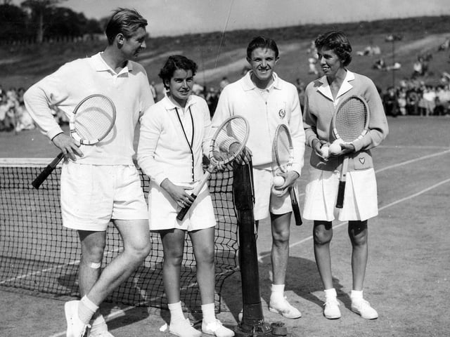 The players who took part in a exhibition tennis match at Temple Newsam Arena. They are, from left, Hugh Stewart (USA), Lois Felix (USA), Roger Becker (GB), and Doris Hart (USA) who won six Grand Slam singles titles including Wimbledon and both the French Open and US Open twice.