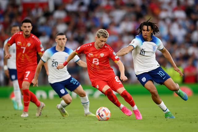 TOUGH NIGHT - Ex-Leeds United man Gjanni Alioski had a difficult time during North Macedonia's beating by England, prior to a Whites reunion with Kalvin Phillips. Pic: Getty