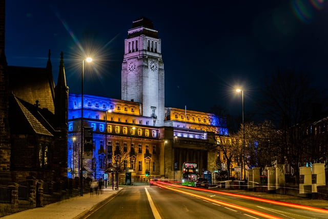 The city's landmarks are even more striking when bathed in light at night as this shot of the Parkinson Building at the University of Leeds demonstrates.
