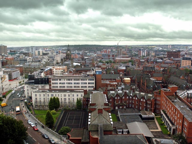 Leeds city centre viewed from the 10th floor of Leeds Metropolitan University in July 2004. In focus is Calverley Street and Leeds Civic Hall to the left, Leeds General Infirmary and Leeds Town Hall.