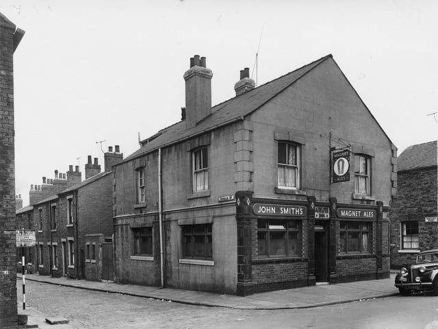 The Adelphi Inn on Cavendish Street serving John Smith's Magnet Ales. Newcastle Street is to the right. This was in the late 1950s.