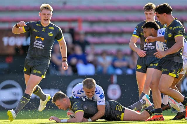 Harry Newman, seen scoring against Toulouse Olympique two weeks ago, has impressed since returning to Leeds Rhinos' 13. Picture by Fabrice Rodriguez/SWpix.com.