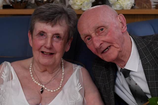 Roland Waring, 92, was surprised by staff at Beech Hall Care Home, in Armley, Leeds, as his long-term partner Jacqui Stevenson, 76, a resident at the home, was waiting for him in a wedding dress. Photo: Simon Hulme.