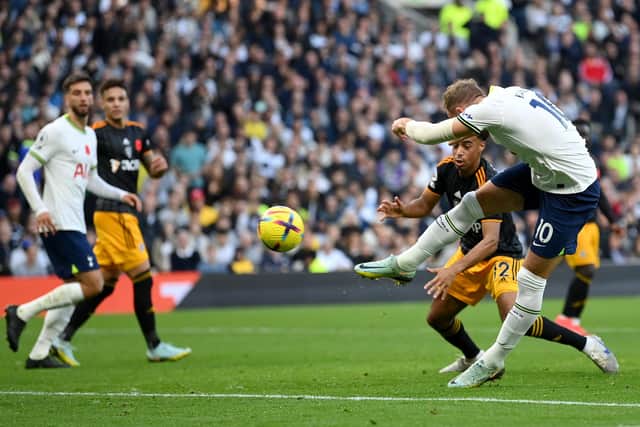 CONTROVERSY: As Harry Kane, right, draws Tottenham Hotspur level at 1-1 en route to a 4-3 victory against Saturday's Premier League visitors Leeds United, but only after Whites keeper Illan Meslier had been bundled into the net by Spurs defender Clement Lenglet. Photo by Justin Setterfield/Getty Images.