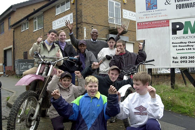 The Chapeltown and Harehills Area Motorcycle Project (CHAMP) was given £20,000 to replace stolen motorcycles at its Sheepscar headquarters in October 2000. Pictured with project members is manager Elwin Bailor.