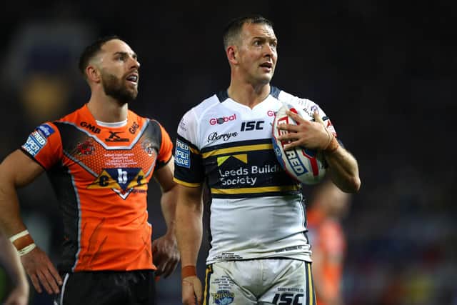Luke Gale, then of Castleford Tigers and Leeds Rhinos' Danny McGuire seen during the 2017 Super League Grand Final at Old Trafford. They will be in the same team for the first time this weekend. Picture by Michael Steele/Getty Images.