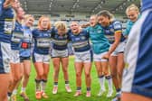 Rhinos players enjoy their Womern's Challenge Cup semi-final win over Wigan. Picture by Olly Hassell/SWpix.com.